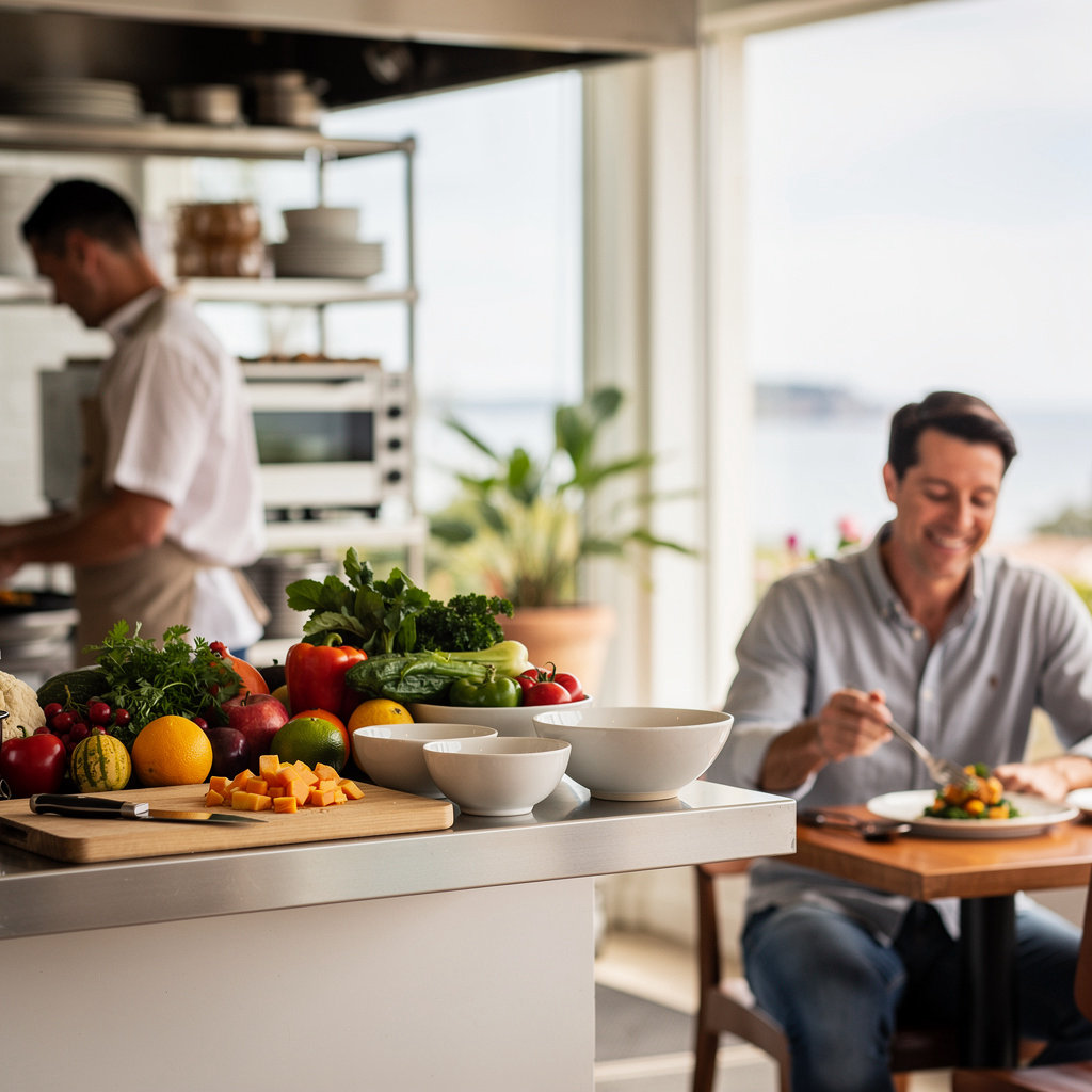 Santa Barbara Food Connection team preparing fresh, diverse meals in our kitchen for restaurant, catering, and food truck services